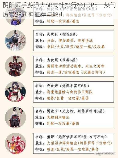 阴阳师手游强大SR式神排行榜TOP5:热门厉害SR式神推荐与解析