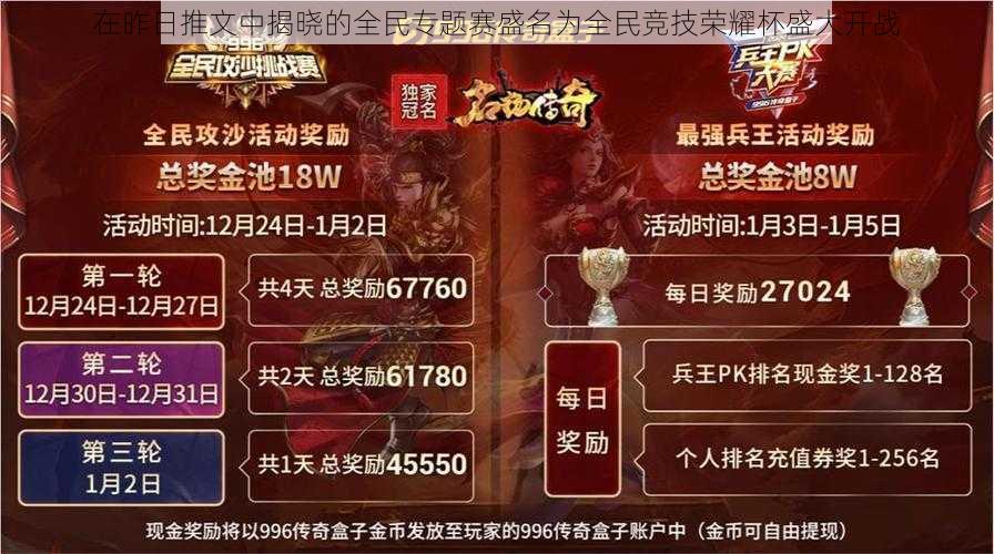 在昨日推文中揭晓的全民专题赛盛名为全民竞技荣耀杯盛大开战