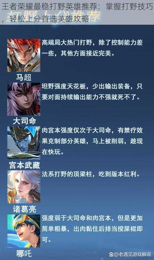 王者荣耀最稳打野英雄推荐:掌握打野技巧,轻松上分首选英雄攻略