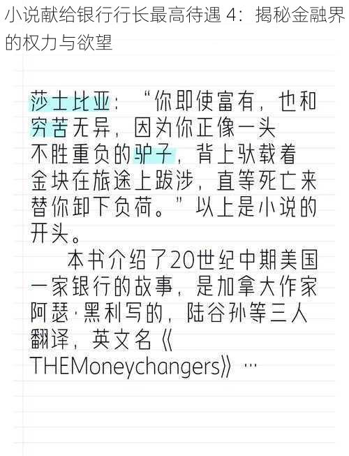 小说献给银行行长最高待遇 4:揭秘金融界的权力与欲望