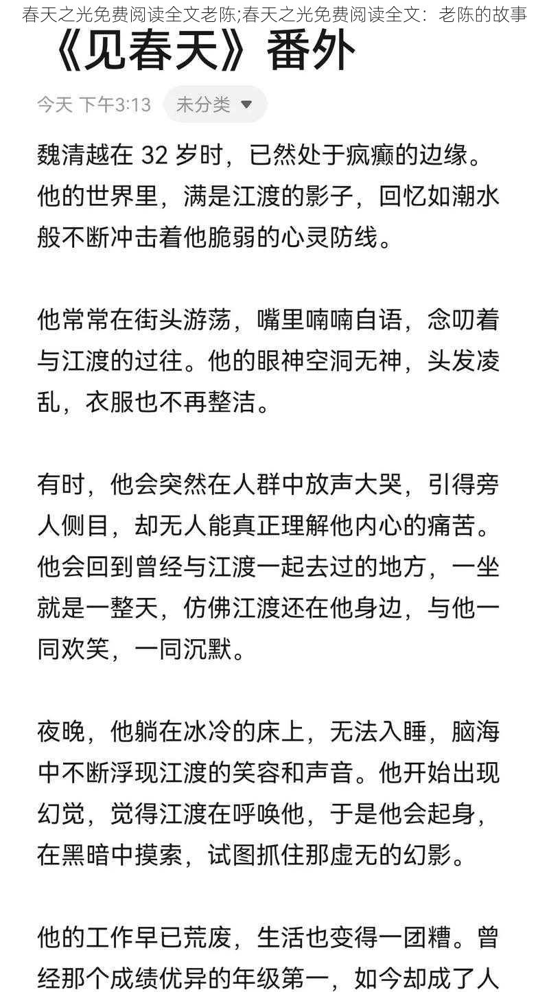 春天之光免费阅读全文老陈;春天之光免费阅读全文:老陈的故事