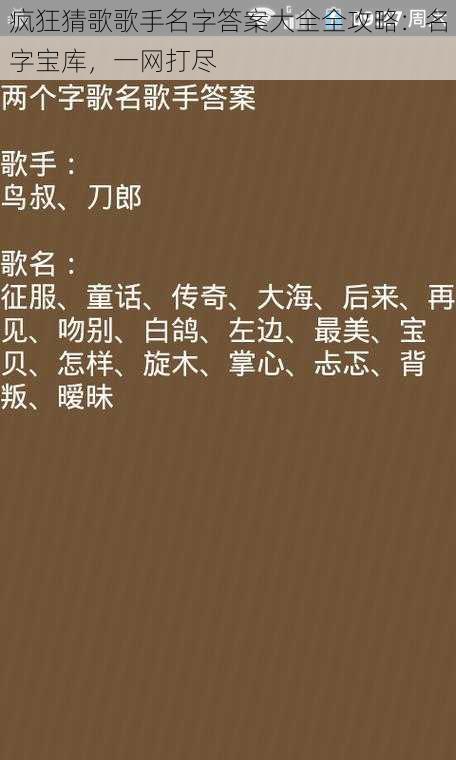 疯狂猜歌歌手名字答案大全全攻略:名字宝库,一网打尽