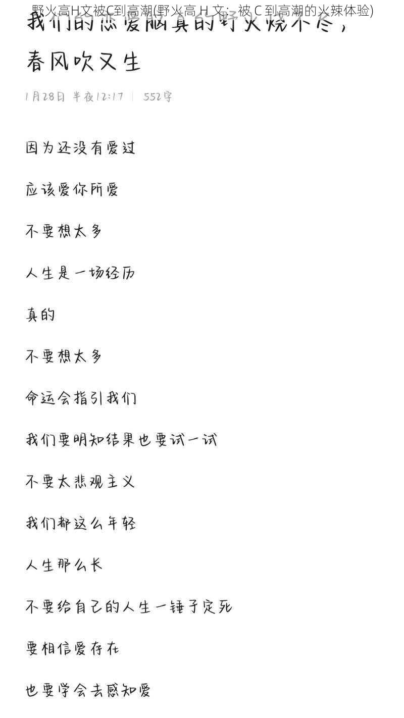 野火高H文被C到高潮(野火高 H 文:被 C 到高潮的火辣体验)
