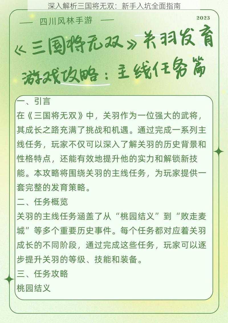 深入解析三国将无双:新手入坑全面指南