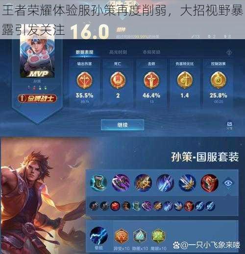 王者荣耀体验服孙策再度削弱,大招视野暴露引发关注