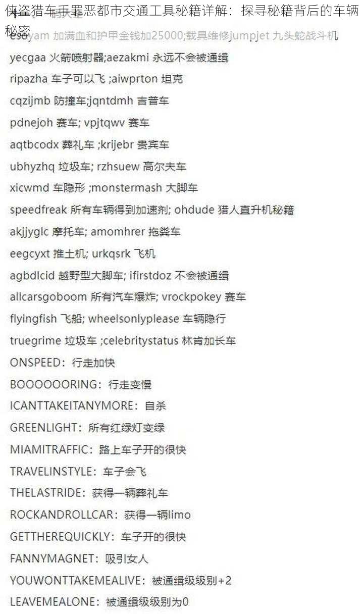 侠盗猎车手罪恶都市交通工具秘籍详解:探寻秘籍背后的车辆秘密